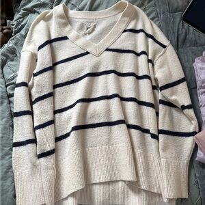 Aerie Cream and Black Striped V-Neck Sweater